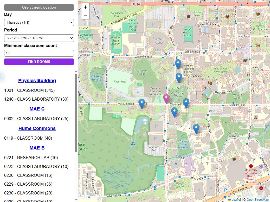 Map of campus with the closest open classrooms listed