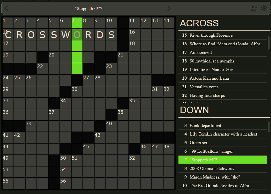 The multiplayer crossword board with a puzzle in progress